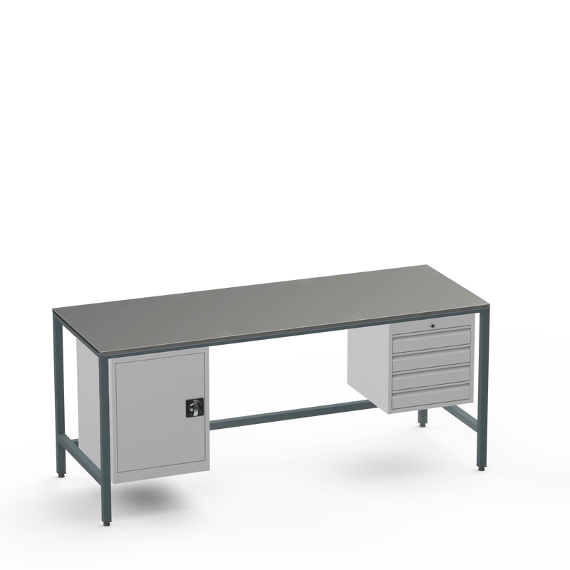 Medium Duty Workbench | Steel Worktop | Cupboard & 4 Drawers