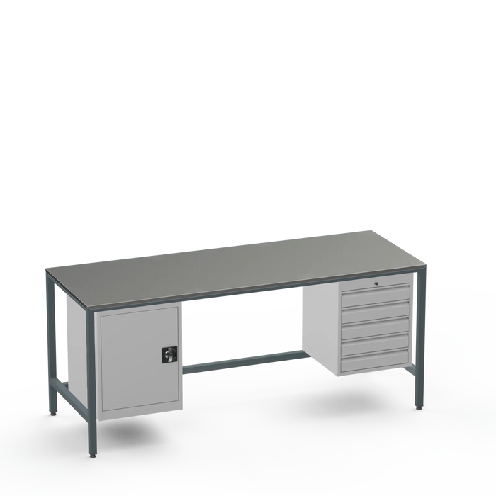 Medium Duty Workbench | Steel Worktop | Cupboard & 5 Drawers