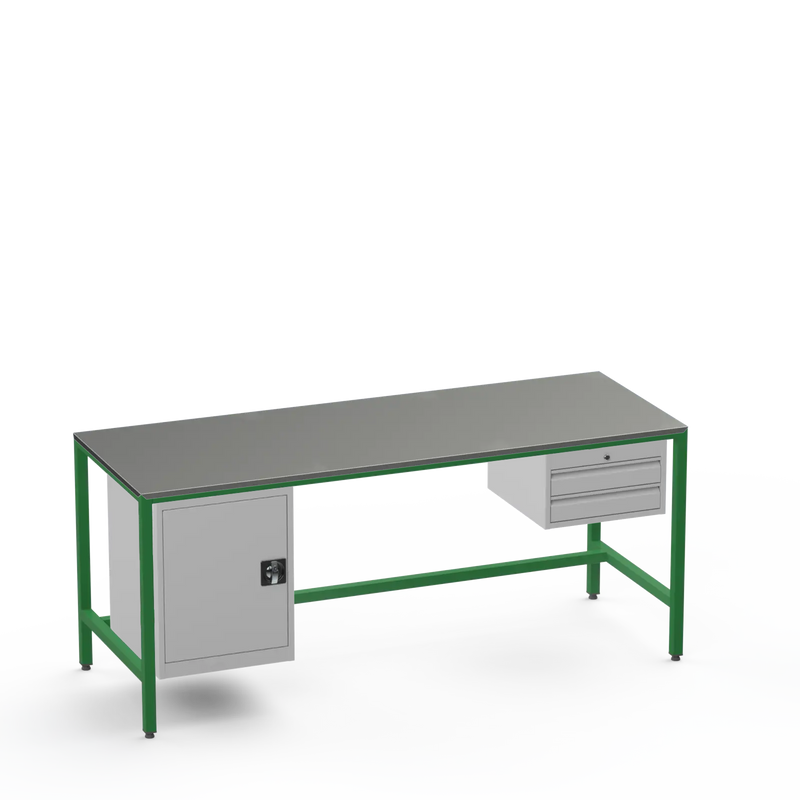 Medium Duty Workbench | Steel Worktop | Cupboard & 2 Drawers