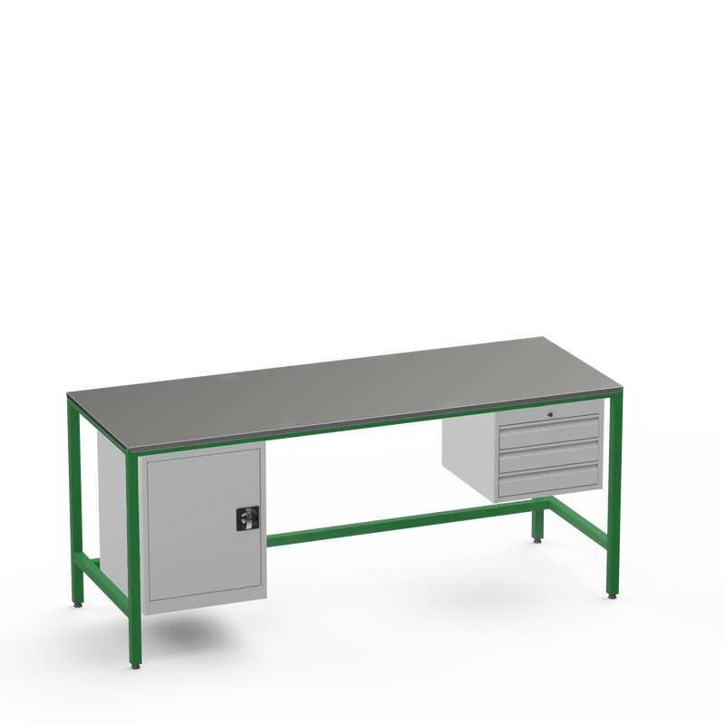 Medium Duty Workbench | Steel Worktop | Cupboard & 3 Drawers