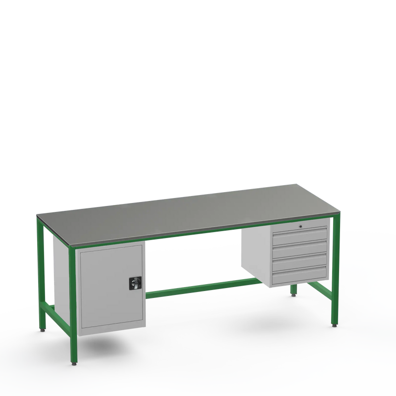 Medium Duty Workbench | Steel Worktop | Cupboard & 4 Drawers