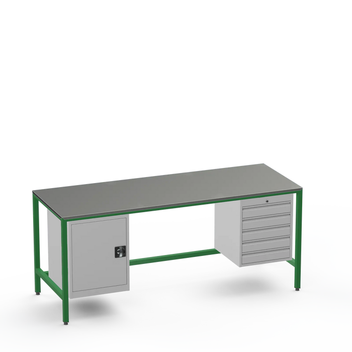 Medium Duty Workbench | Steel Worktop | Cupboard & 5 Drawers