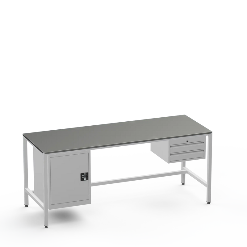 Medium Duty Workbench | Steel Worktop | Cupboard & 2 Drawers