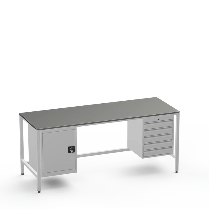 Medium Duty Workbench | Steel Worktop | Cupboard & 5 Drawers