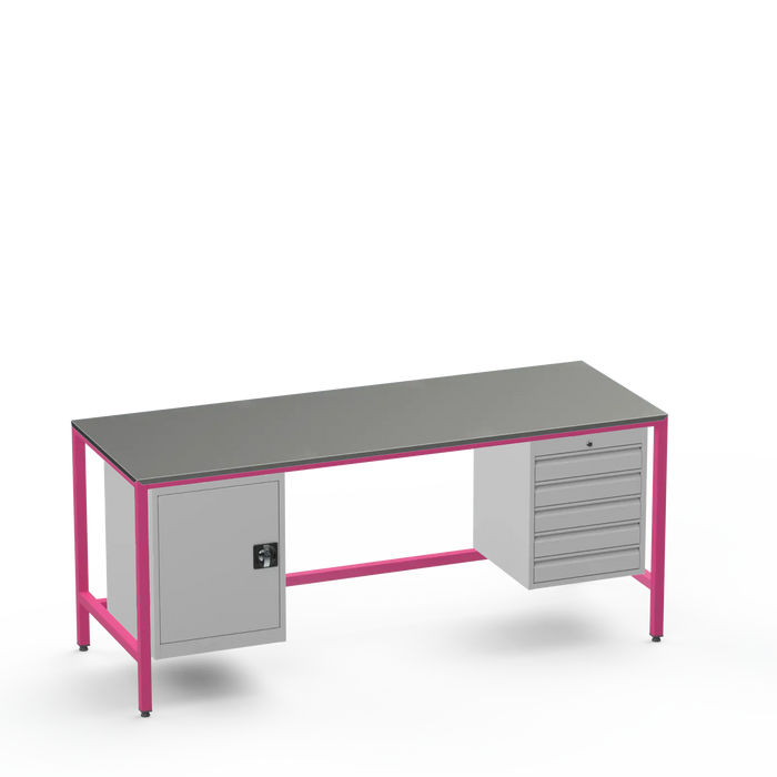 Medium Duty Workbench | Steel Worktop | Cupboard & 5 Drawers