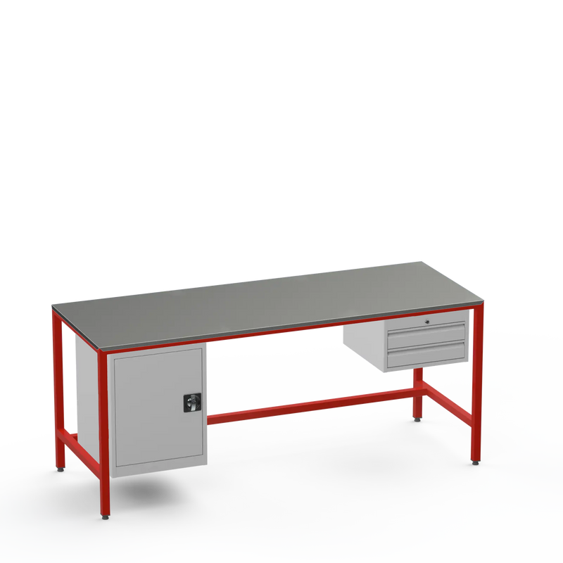 Medium Duty Workbench | Steel Worktop | Cupboard & 2 Drawers