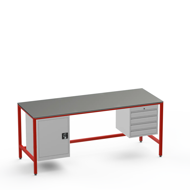 Medium Duty Workbench | Steel Worktop | Cupboard & 4 Drawers