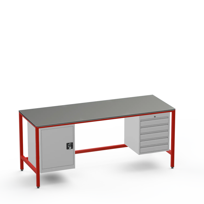 Medium Duty Workbench | Steel Worktop | Cupboard & 5 Drawers