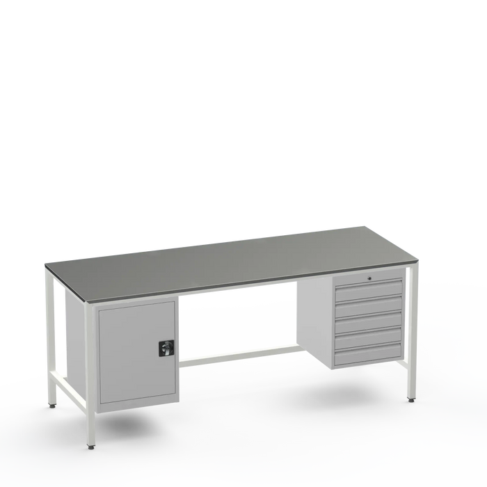 Medium Duty Workbench | Steel Worktop | Cupboard & 5 Drawers