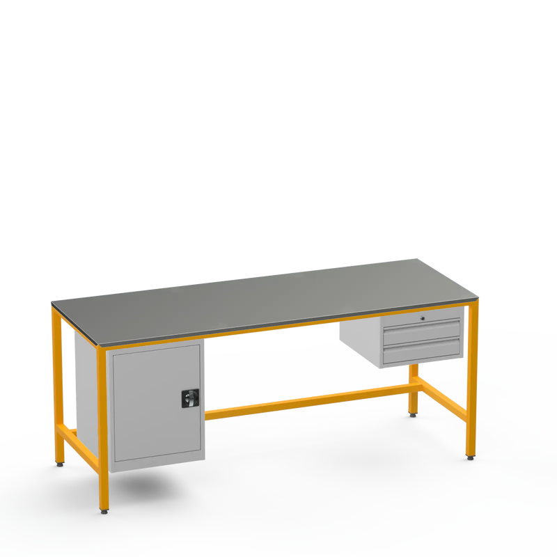 Medium Duty Workbench | Steel Worktop | Cupboard & 2 Drawers