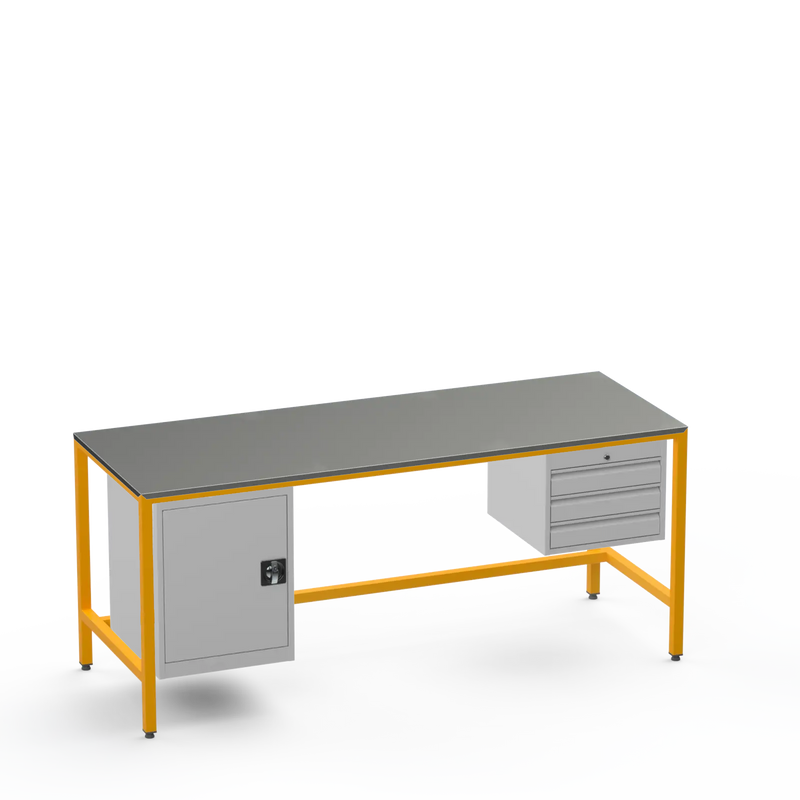 Medium Duty Workbench | Steel Worktop | Cupboard & 3 Drawers