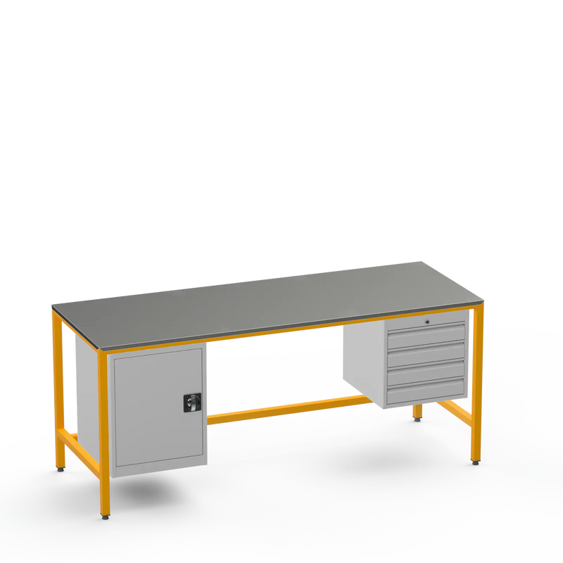 Medium Duty Workbench | Steel Worktop | Cupboard & 4 Drawers