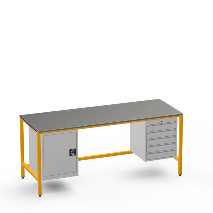 Medium Duty Workbench | Steel Worktop | Cupboard & 5 Drawers